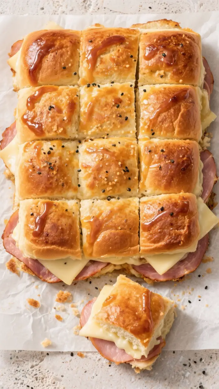 Overhead “tasty top view” shot: A full slab of baked ham and Swiss sliders on parchment, cut alo
