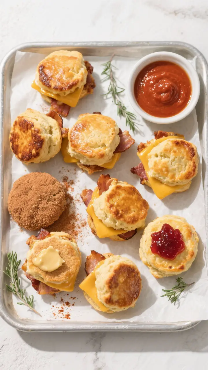 Overhead “tasty top view” shot: Mixed tray of dressed-up biscuits on parchment—half stuffed wi