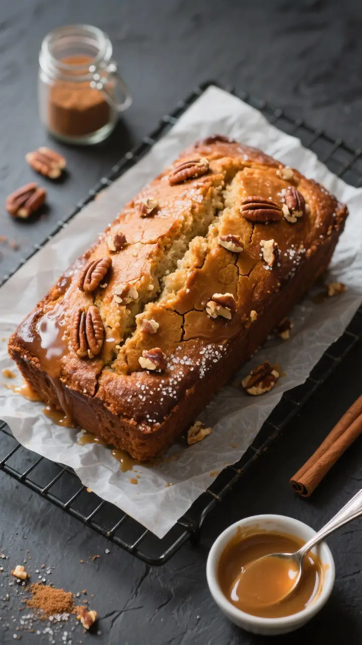 Overhead “tasty top view” shot: The whole pecan breakfast loaf on a cooling rack, parchment slin
