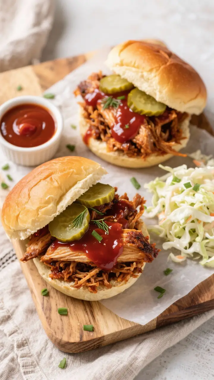Overhead tasty top view: Shredded BBQ chicken piled onto toasted brioche buns for sandwiches, genero