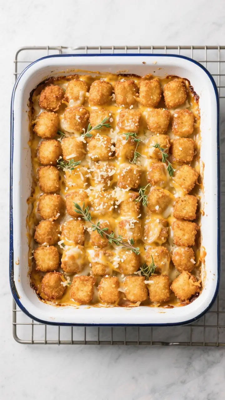 Overhead, tasty top view: The assembled casserole in a 9x13 dish right after baking, a perfectly ali