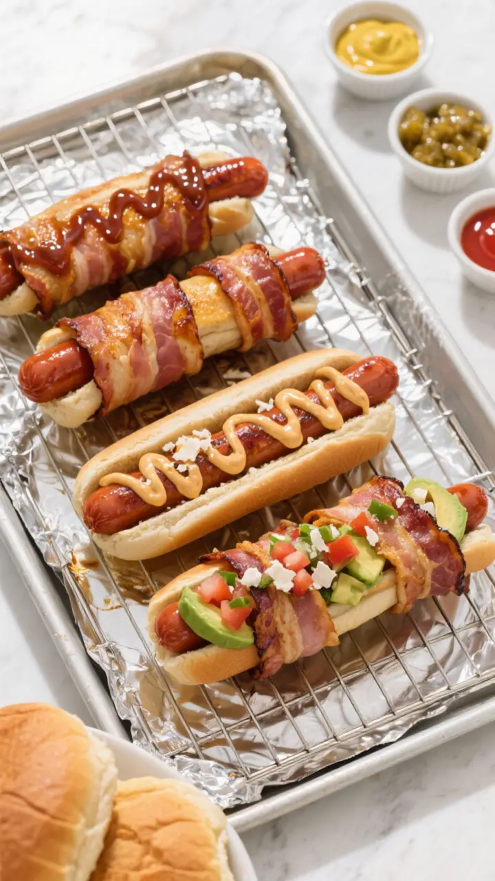 Overhead “tasty top view”: Three bacon-wrapped hot dogs on a wire rack over a foil-lined sheet p