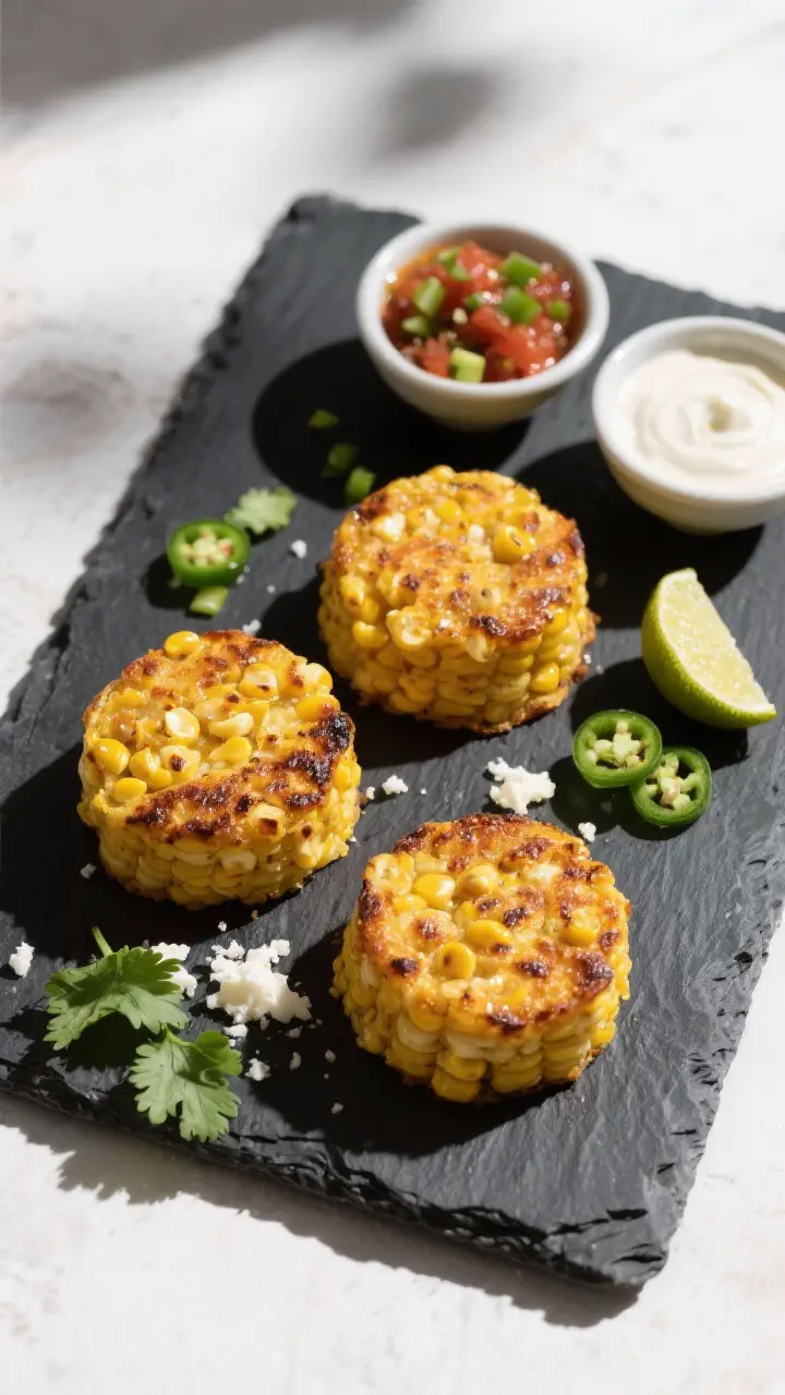 Overhead tasty top view: Three sweet corn tamale cakes arranged in a loose triangle on a charcoal sl