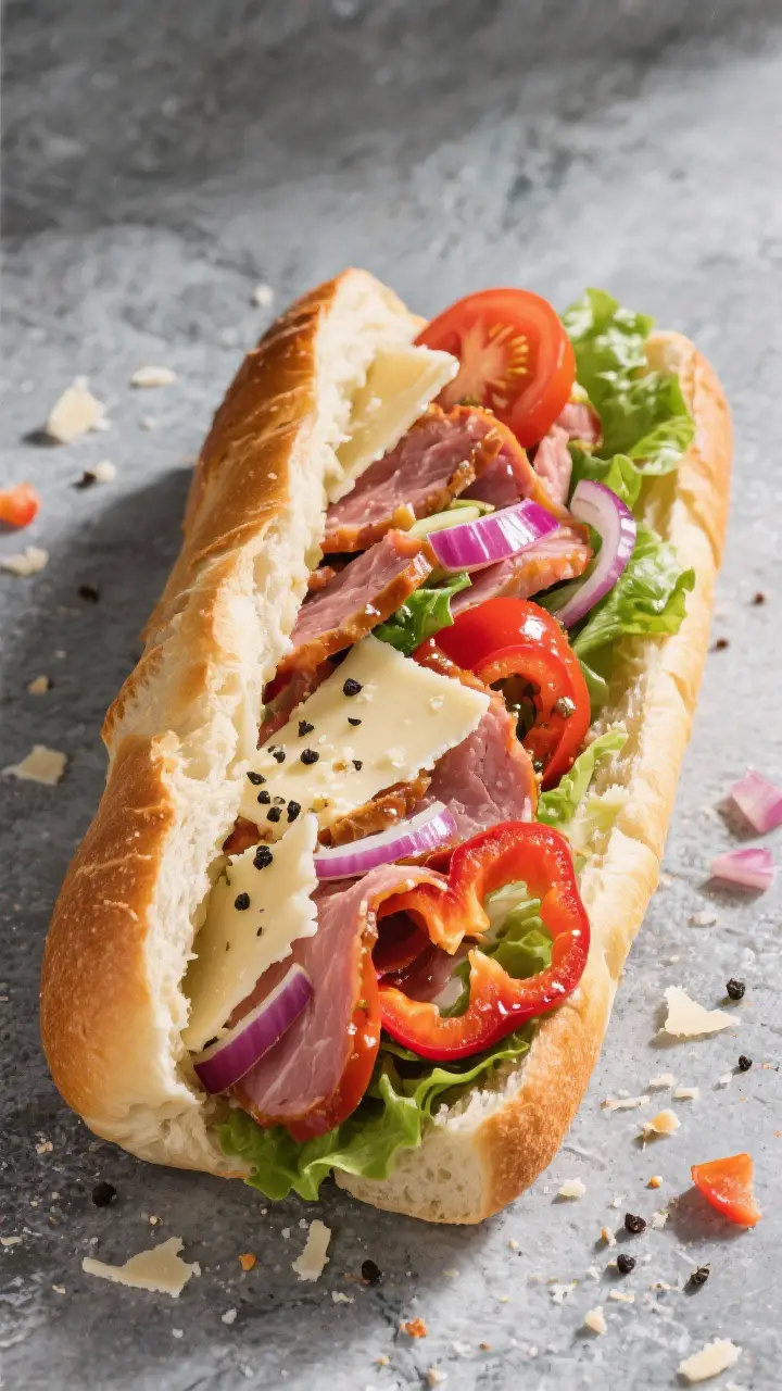 Overhead tasty top view: Top-down shot of the chopped Italian sandwich halved and angled, revealing