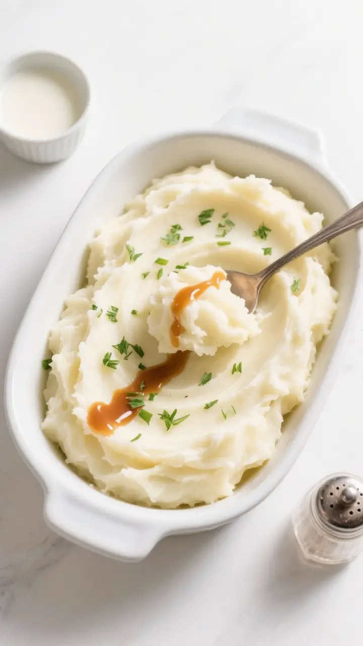 Overhead “tasty top view” variation: Top-down shot of buttermilk mashed potatoes served family-s