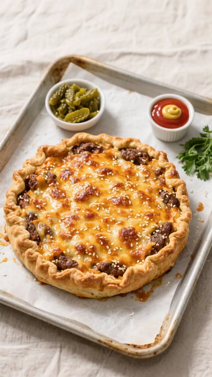 Overhead tasty top view: Whole Peppy Burger Pie resting on a parchment-lined baking sheet straight f