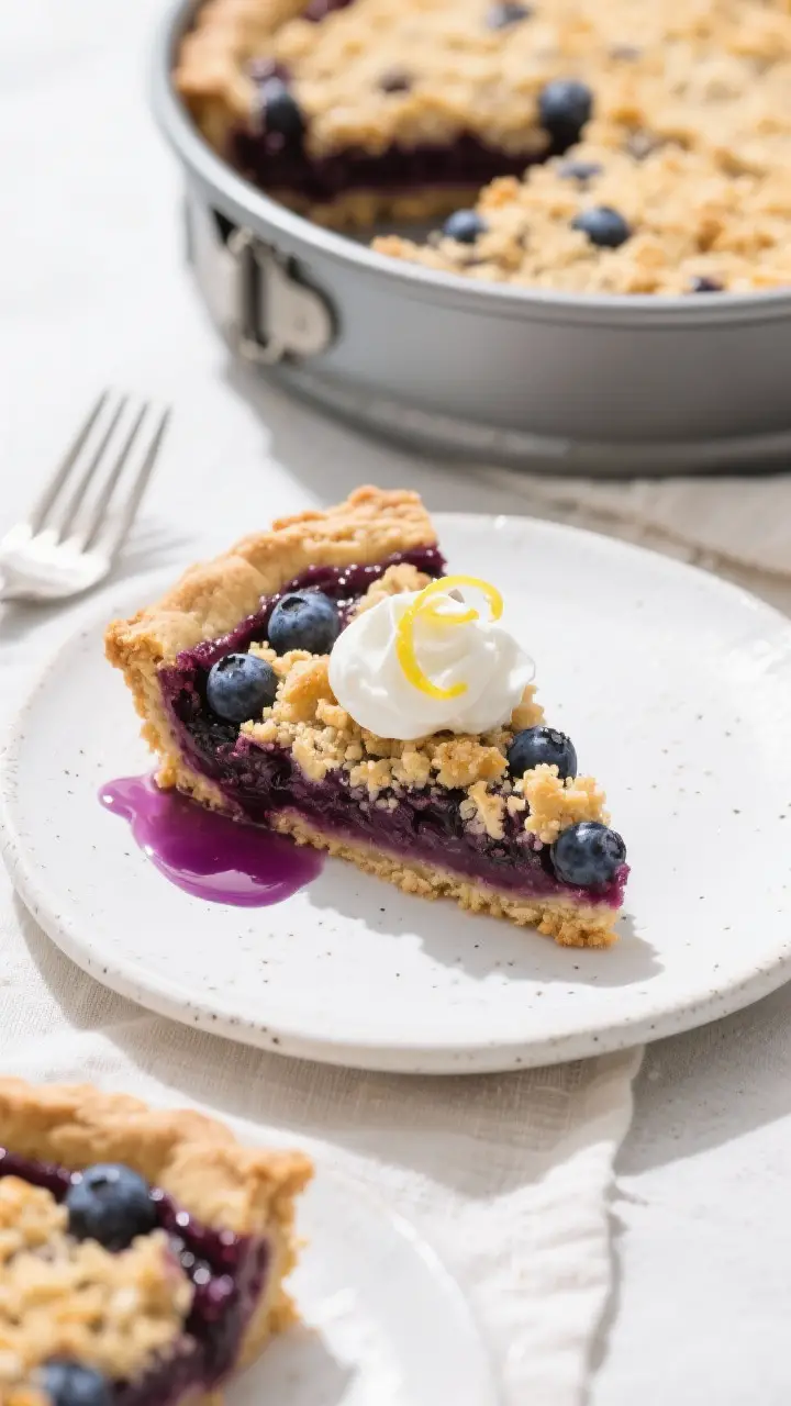 Overhead top-down shot of a cleanly sliced wedge of the no-roll blueberry pie on a white stoneware p
