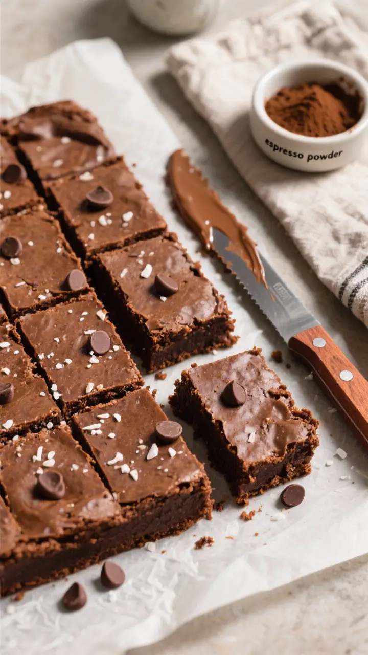 Overhead, top-down shot of a cooled slab of brownies on parchment, sliced into neat squares with raz