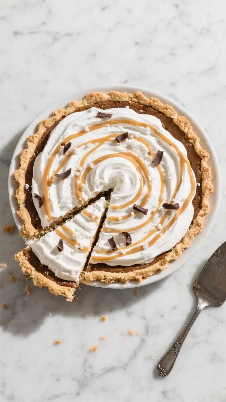 Overhead top view: Whole Coffee Scotch Whip Pie in a 9-inch pie plate, smooth swoops of whipped crea