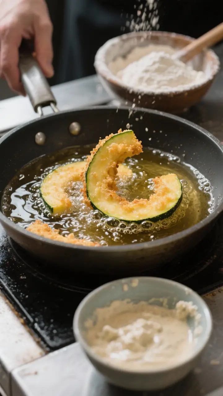 Process action scene, no hands visible: battered squash slices just entering hot oil in a deep pot, 