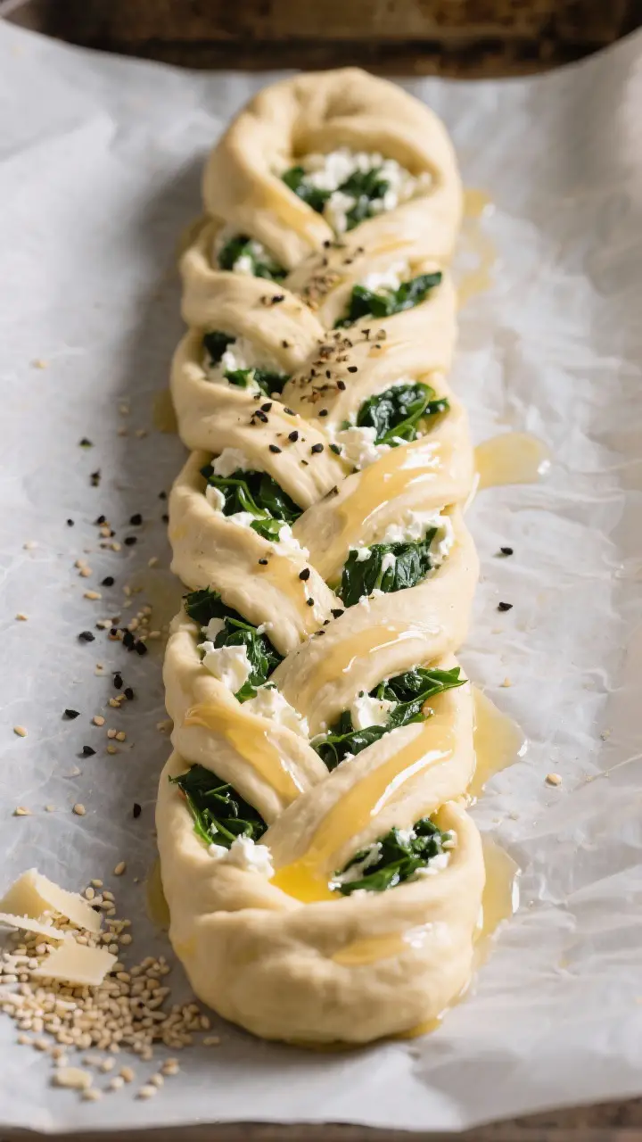 Process-focused mid-bake assembly shot of the braid before it goes into the oven: the dough already