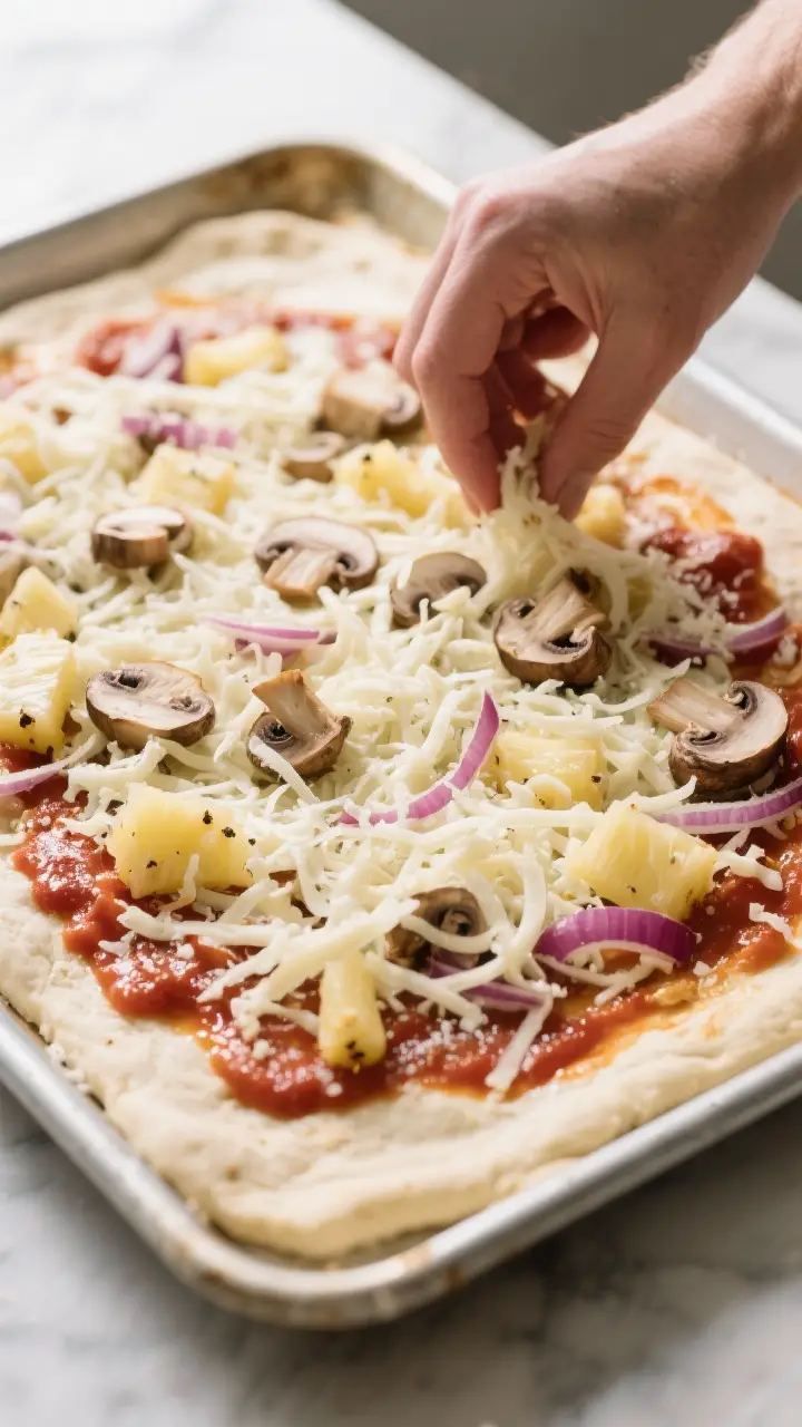 Process-in-action (no people): The par-baked, lightly oiled and seasoned sheet-pan crust being sauce