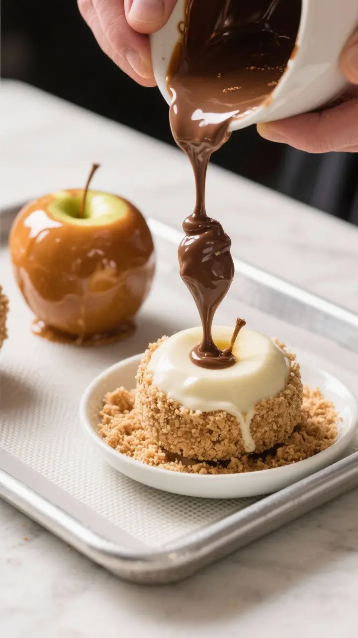 Process-in-action shot: Caramel-coated apples being dipped into melted white chocolate, then immedia