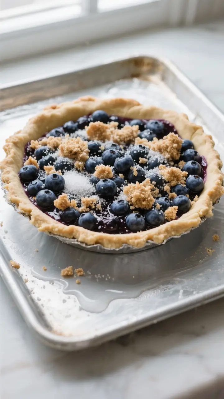 Process-in-action shot: the assembled pie just before baking, overhead view of the prepared blueberr
