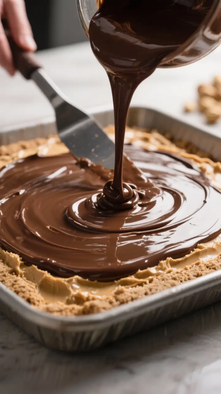 Process-oriented, macro shot of the chocolate–peanut butter topping being poured and smoothed over