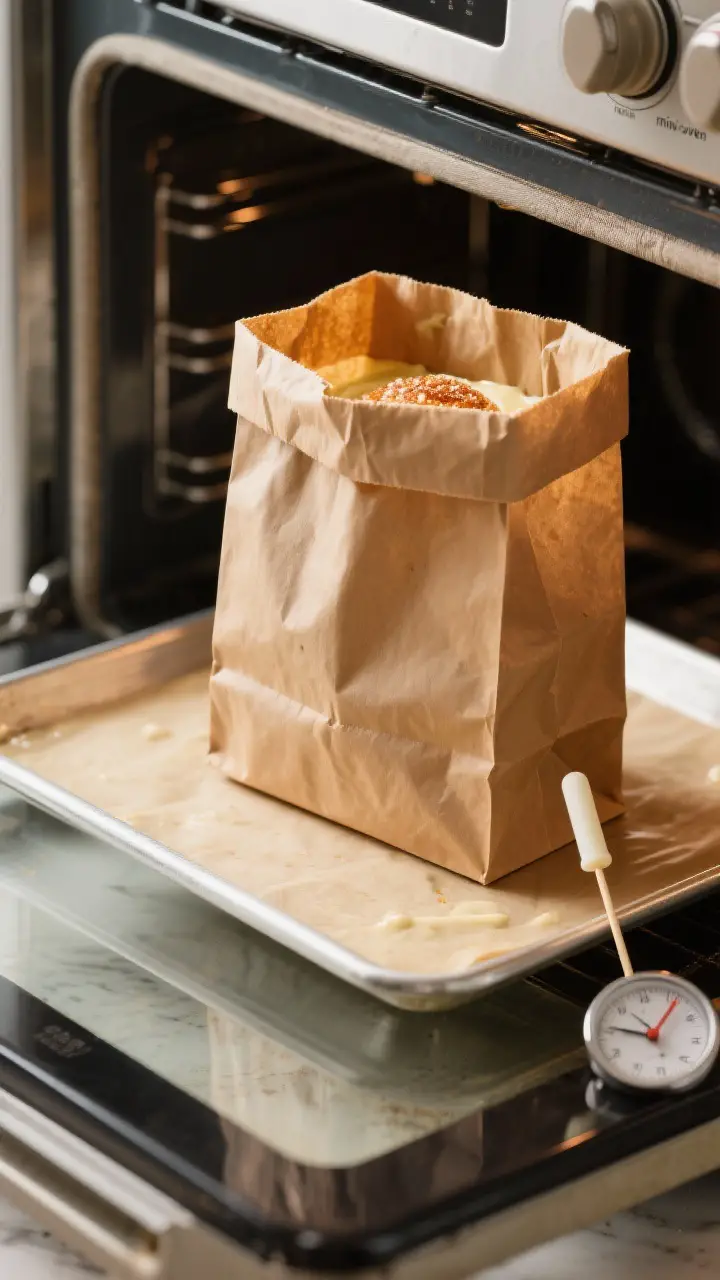 Process shot: Batter-filled, greased brown paper lunch bag folded twice at the top and set on a rimm