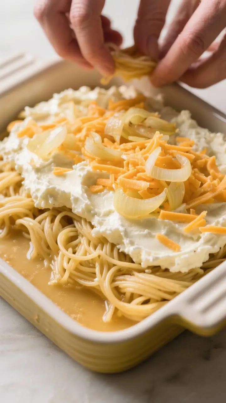 Process shot: layering scene mid-assembly in the buttered baking dish—first layer of noodles toppe