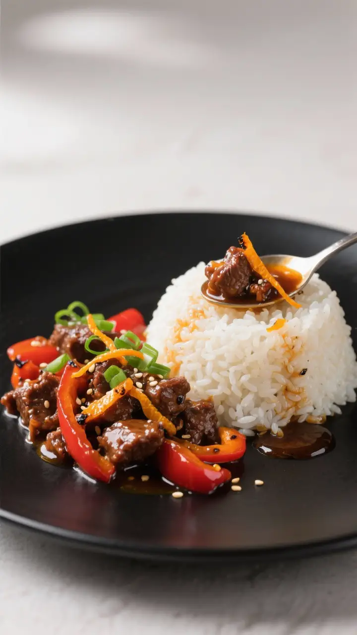 Restaurant-quality final plate, three-quarter angle: neatly mounded jasmine rice with Sichuan orange