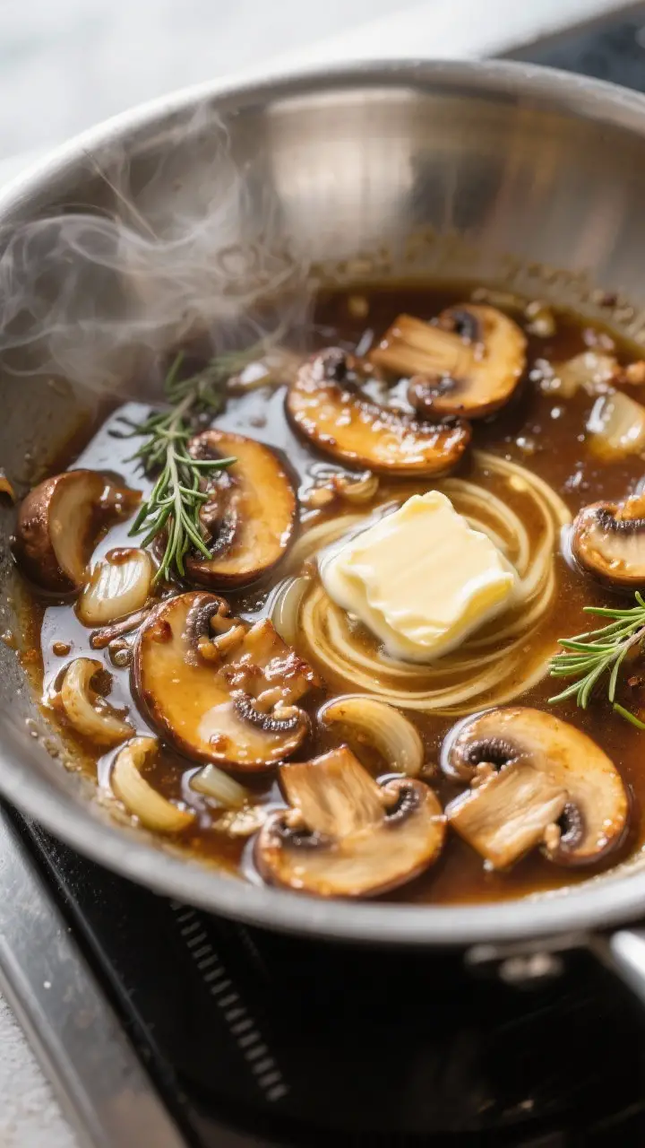 Sauce in the pan: Mushroom Marsala reduction mid-simmer in a stainless-steel skillet—golden-brown 