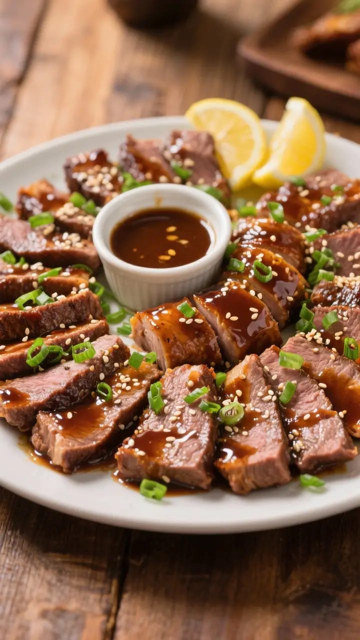 Tasty overhead shot: Top-down composition of a party-style platter of Beef Negimaki, slices fanned i