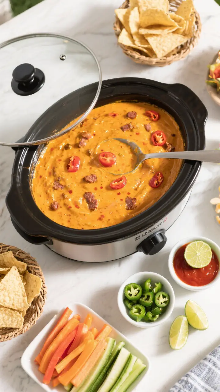 Tasty top-down party spread: Overhead shot of the dip kept on Warm in the slow cooker, lid off to re