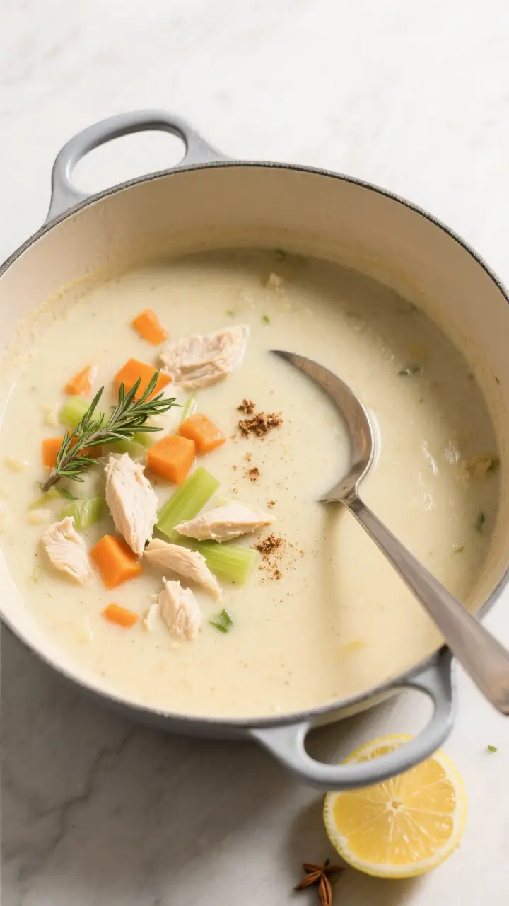 Tasty top-down shot for variations: Overhead shot of a slightly thicker, casserole-ready cream of ch