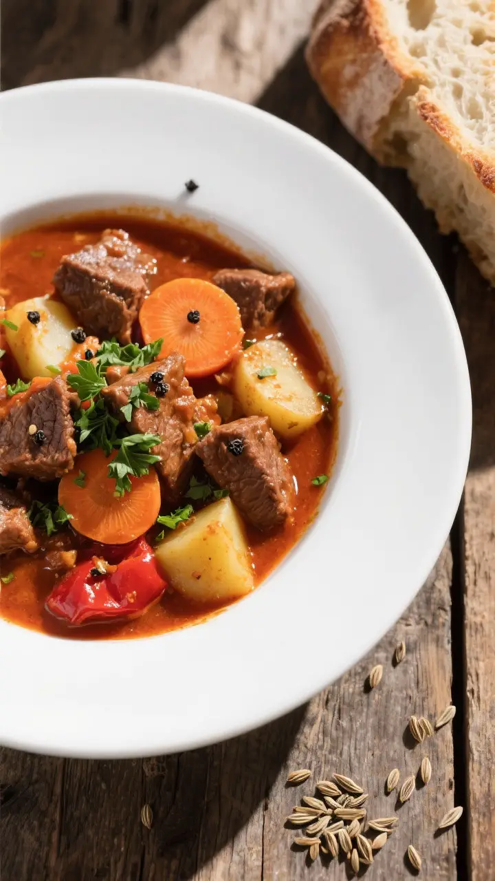Tasty top-down shot: Overhead view of a bowl of Hungarian goulash with a brothy, deep red-orange she