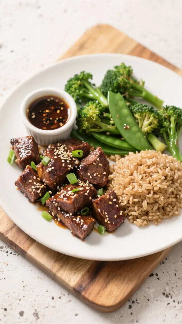 Tasty top-down spread: Overhead shot of a weeknight teriyaki steak tips plate with sides—glossy st