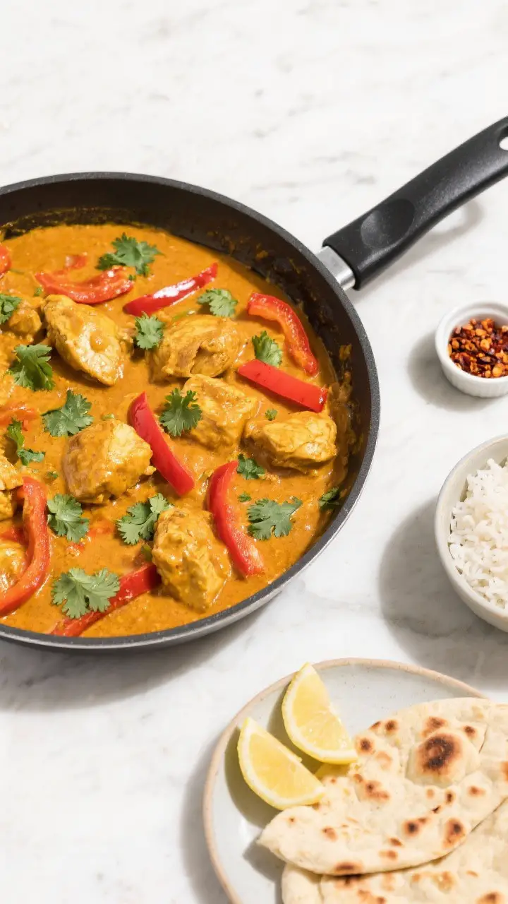 Tasty top-down spread: Overhead shot of a weeknight table scene featuring a large serving pan of Chi