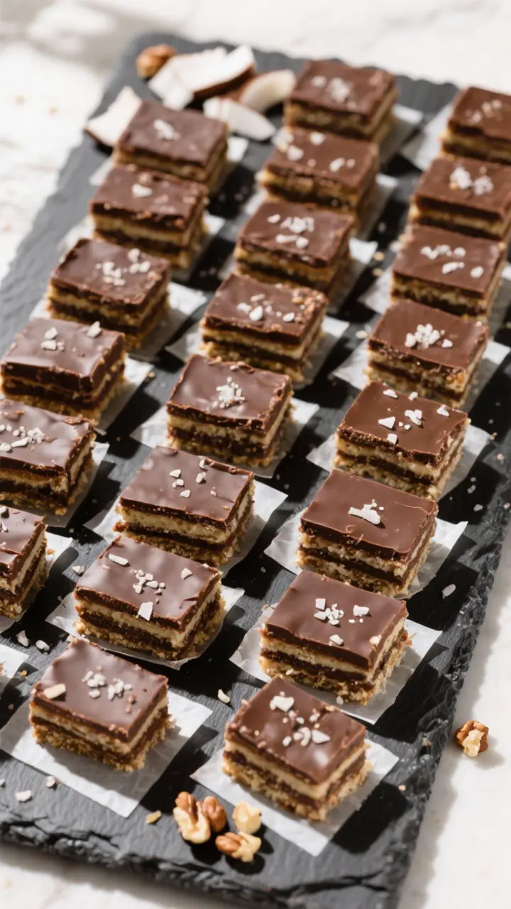 Tasty top view: An overhead party-style presentation of neatly cut squares of Triple Decker Dream Ba