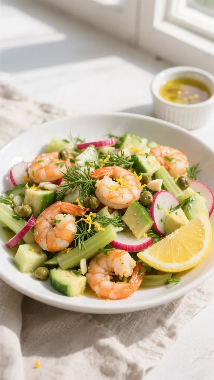 Tasty top view, composed salad: Overhead shot of Shrimp Nics in a wide, shallow white bowl—bite-si