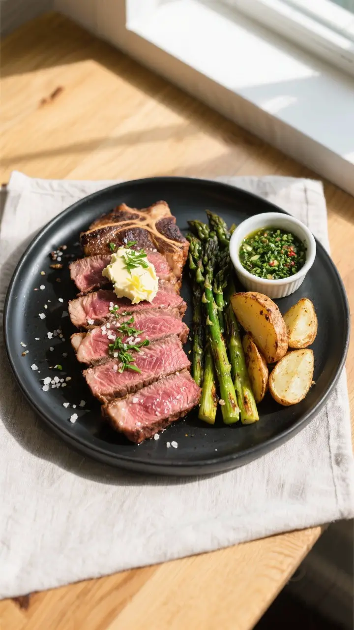 Tasty top view final plate: Overhead shot of sliced medium-rare smoked ribeye (rosy center, juicy, t