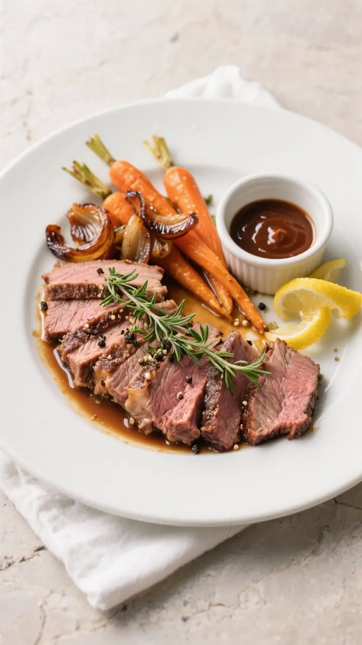 Tasty top view: Final plated brisket dinner, overhead shot of thin slices arranged in a crescent on 