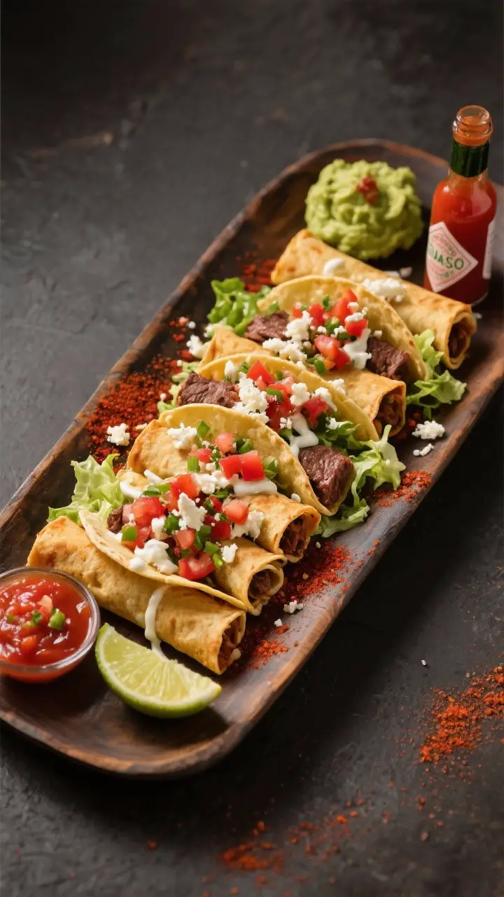 Tasty top view (final presentation): Overhead shot of a platter of beef taquitos arranged in a fan, 