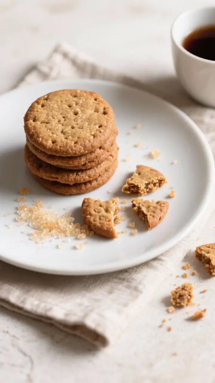 Tasty top view (final presentation): Overhead shot of a plate of finished ginger snaps stacked and f