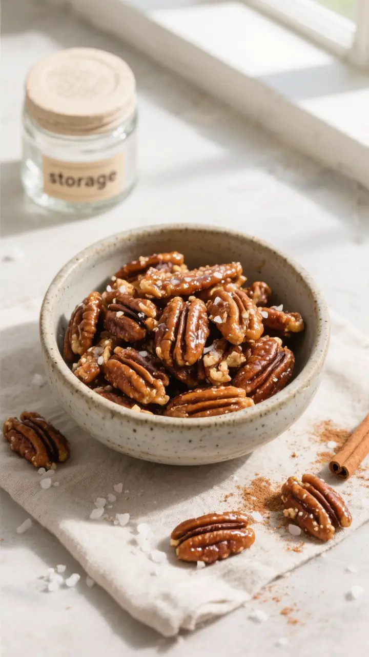 Tasty top view final presentation: Overhead shot of a stoneware bowl heaped with finished candied pe