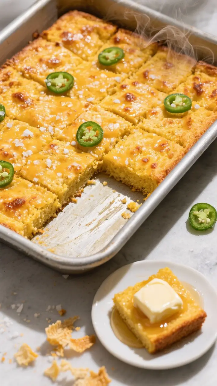 Tasty top view final presentation: Overhead shot of a 9-inch square pan of baked cornbread cut into 