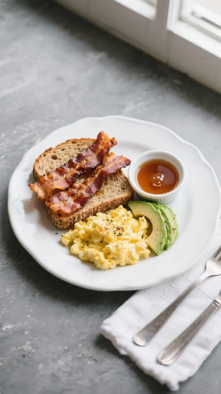 Tasty top-view final presentation: Overhead shot of a brunch plate featuring perfectly crisp grilled