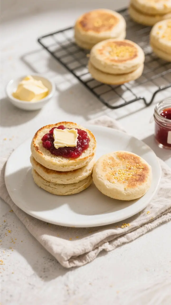 Tasty top view final presentation: Overhead shot of a small stack of English muffins on a white cera