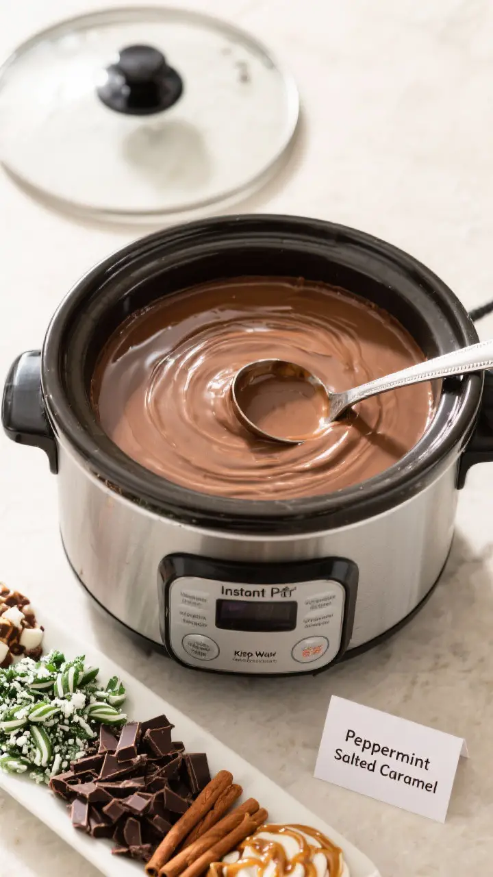 Tasty top view for variety: Overhead shot of a party-ready Instant Pot on Keep Warm with the lid off