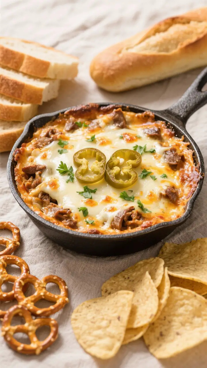 Tasty top view, just baked: Overhead shot of freshly baked Philly Cheesesteak Dip in an oven-safe sk