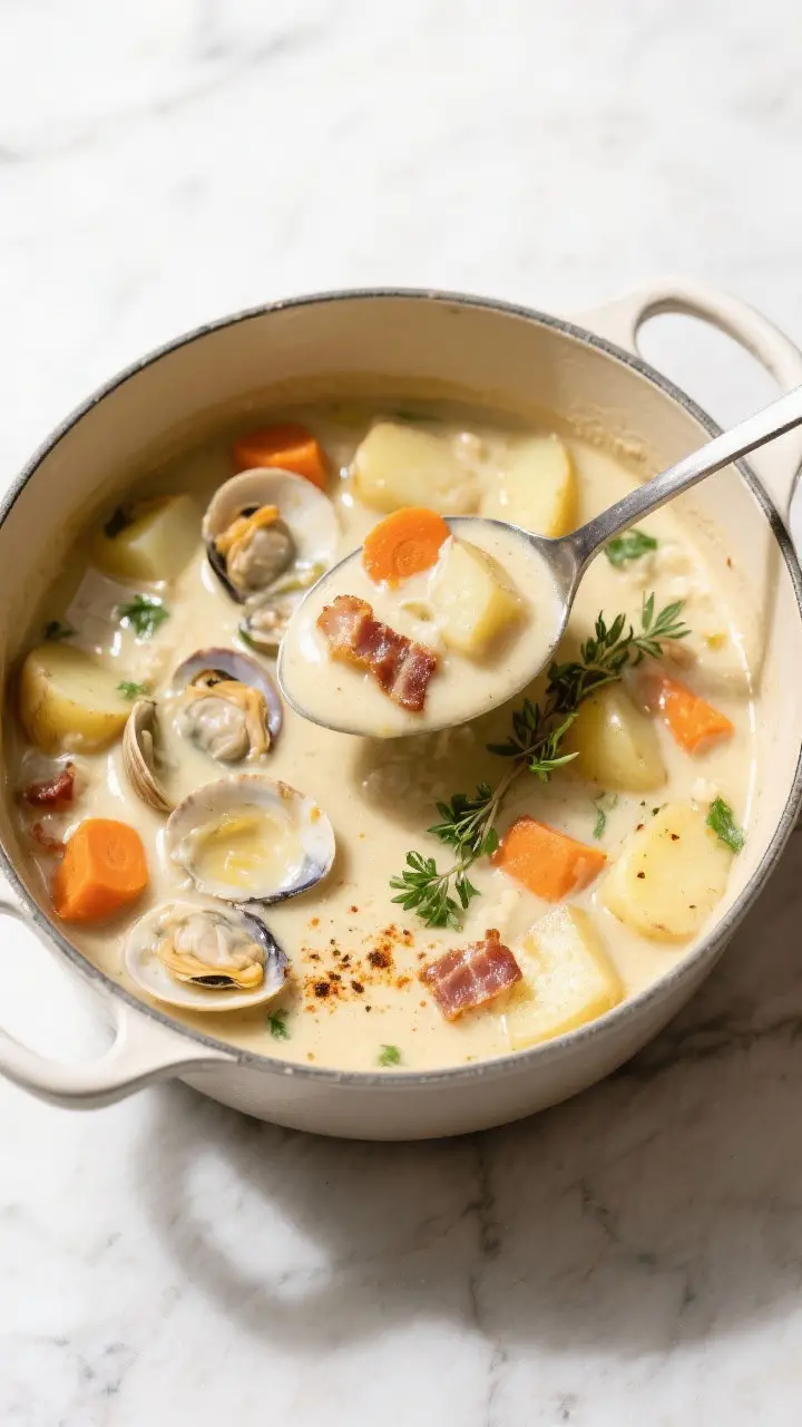 Tasty top view, overhead: Overhead shot of a ladle hovering over the pot, filled with glossy clam ch