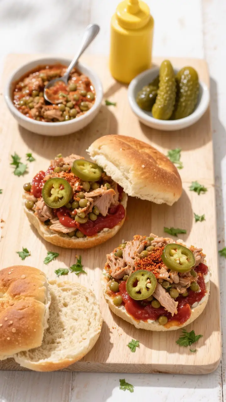 Tasty top view (overhead): Overhead shot of a weeknight spread—open-faced Sloppy Janes on whole wh