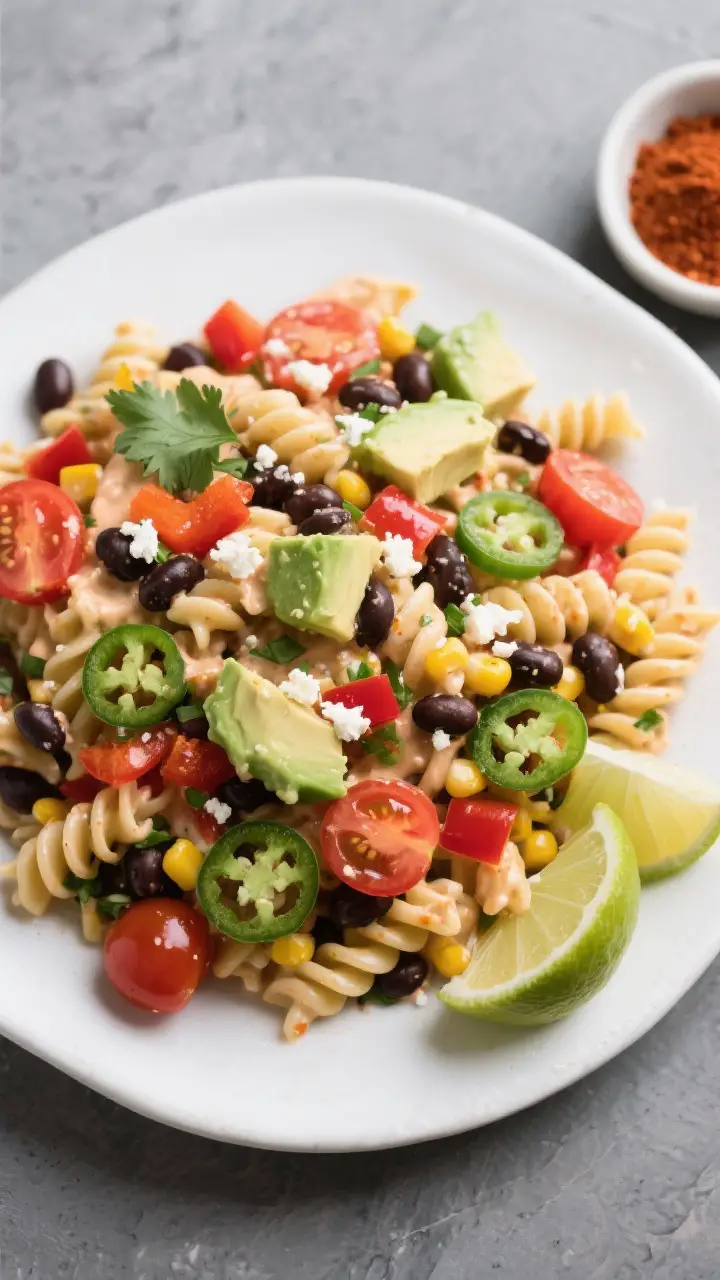 Tasty top view, overhead: Overhead shot of Southwest Pasta Salad fully tossed—rotini coated in cre
