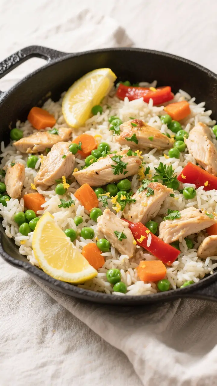 Tasty top view, overhead: Overhead shot of the finished one-pan chicken, rice, and veggies just afte