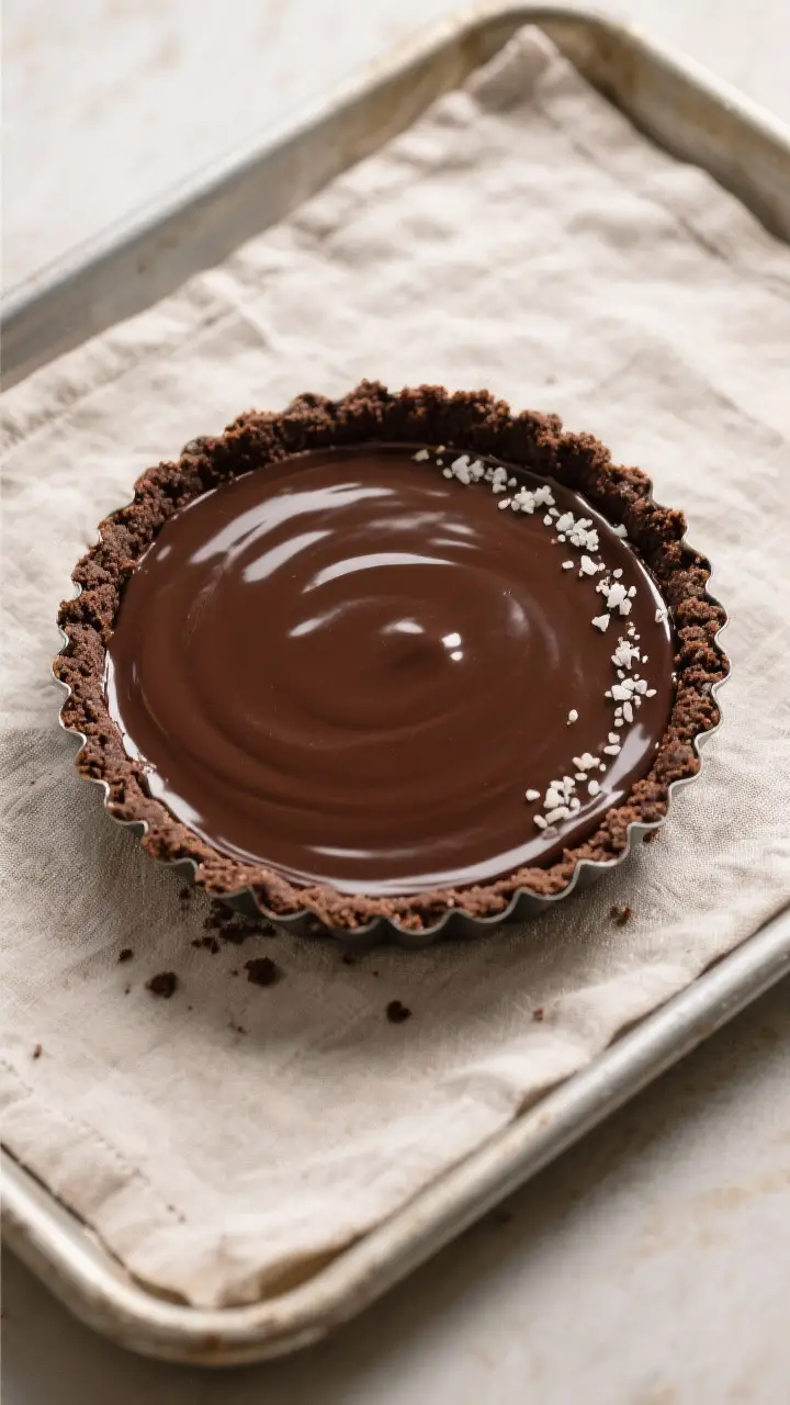 Tasty top-view: Overhead shot of a 9-inch Chocolate Truffle Tart freshly filled in its crisp chocola