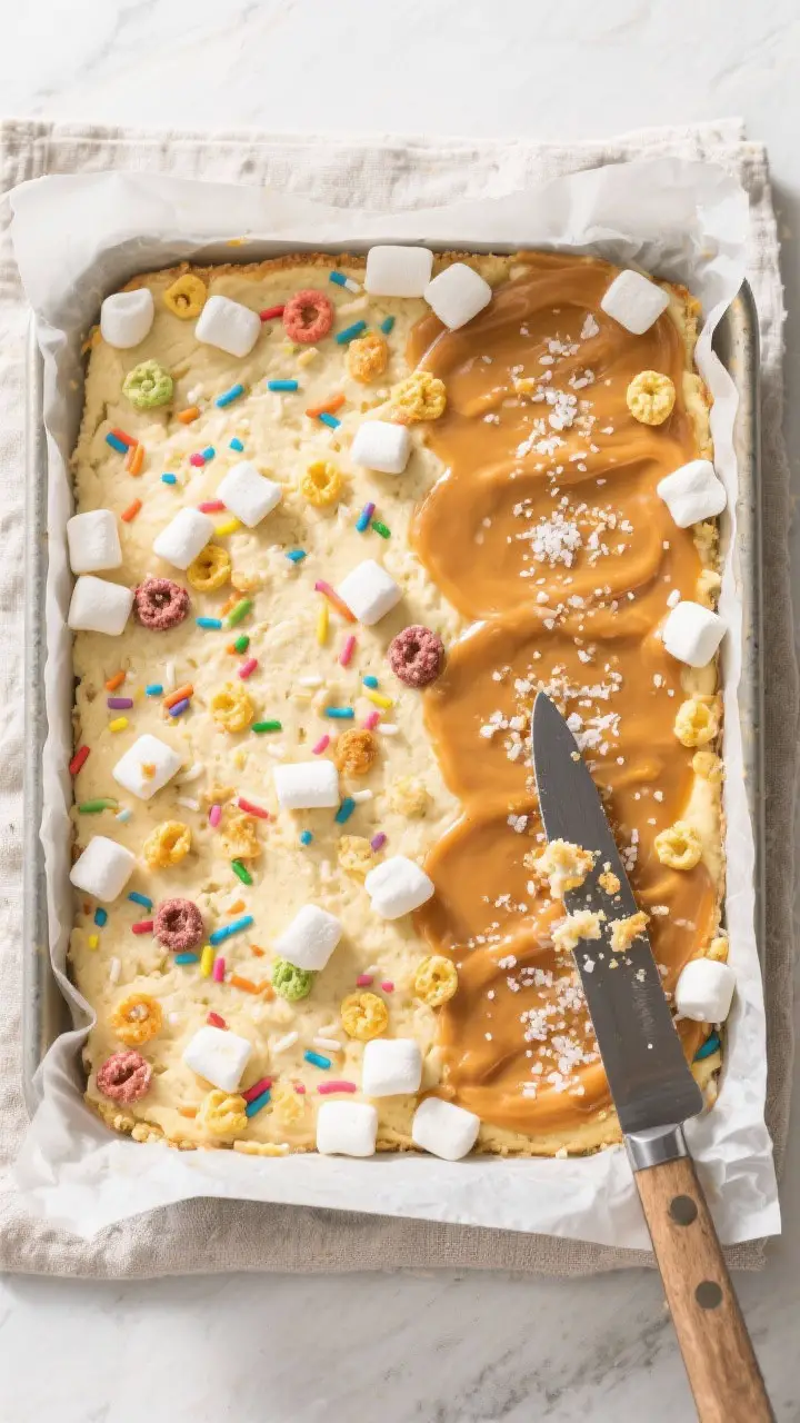 Tasty top view: Overhead shot of a 9x13 pan of set Lucky Treats lined with parchment overhang, perfe