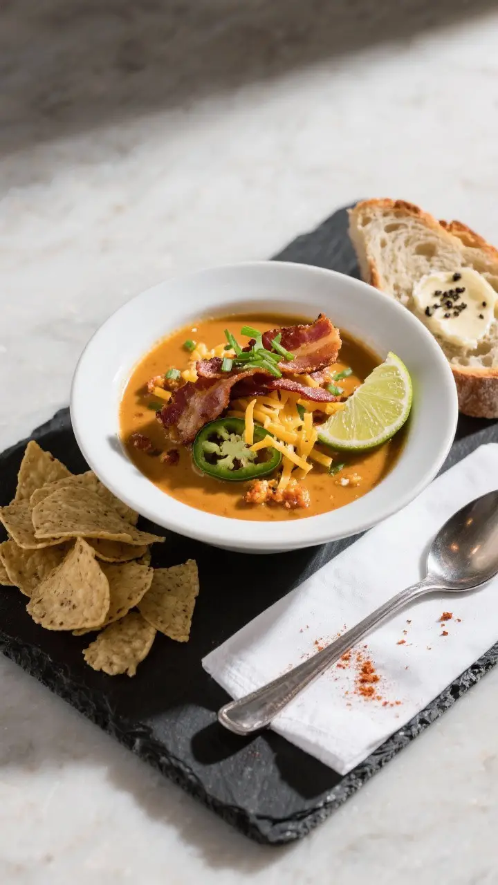 Tasty top view: Overhead shot of a beautifully plated Jalapeno Popper Soup in a matte white bowl on 