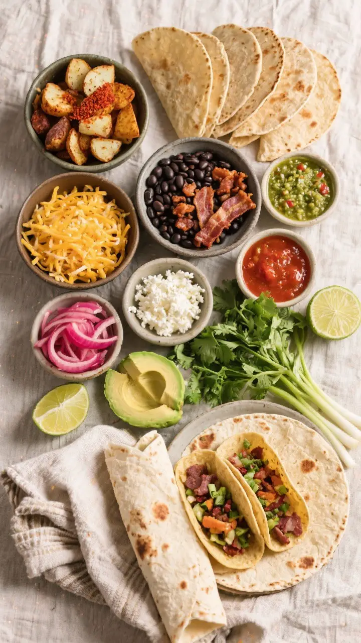 Tasty top view: Overhead shot of a breakfast taco bar setup with warmed flour and corn tortillas wra