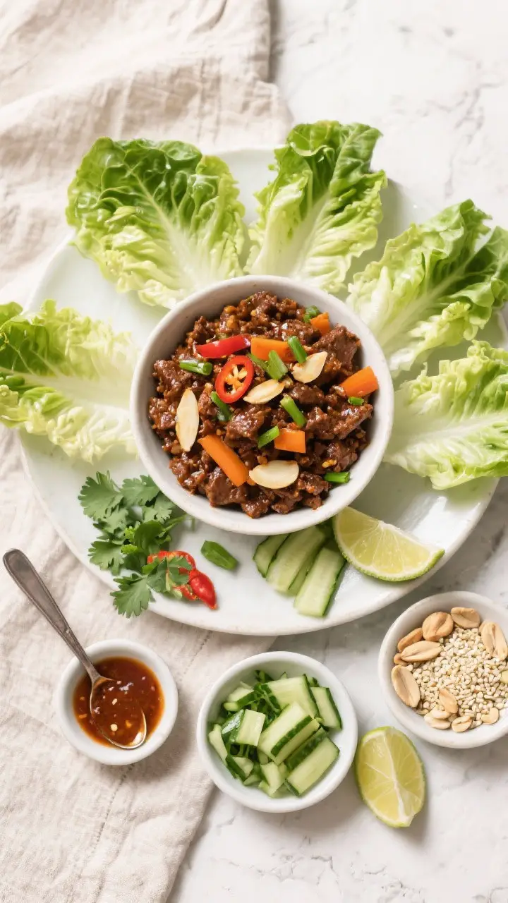 Tasty top view: Overhead shot of a build-your-own lettuce wrap spread—crisp, dry butter lettuce cu